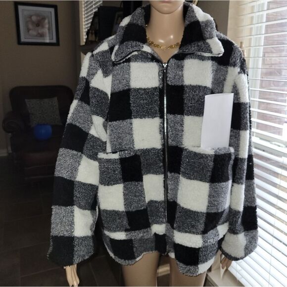 New Steve Madden Black & White Buffalo Plaid Fleece Zip-Up Women's Jacket - Picture 11 of 12